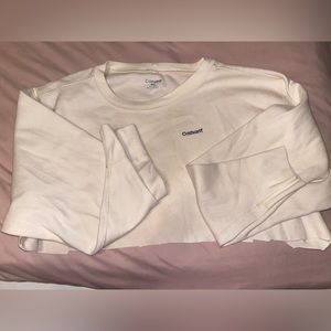 Cream colored crew- black embroidered Carhartt.